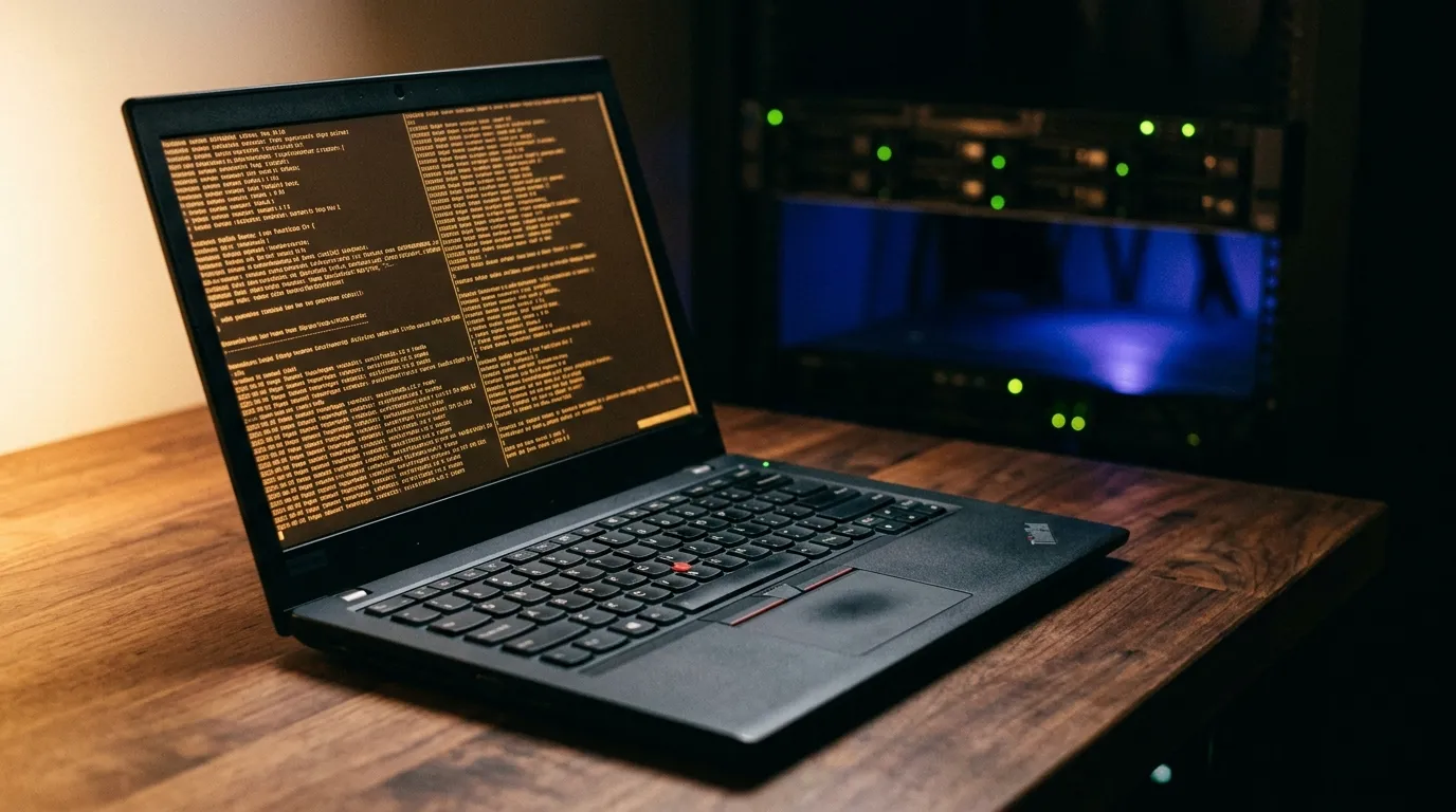 A black ThinkPad open on a warm wooden desk, its screen filled with amber terminal text. Behind it, out of focus, a rack unit with green indicator lights and an indigo glow.