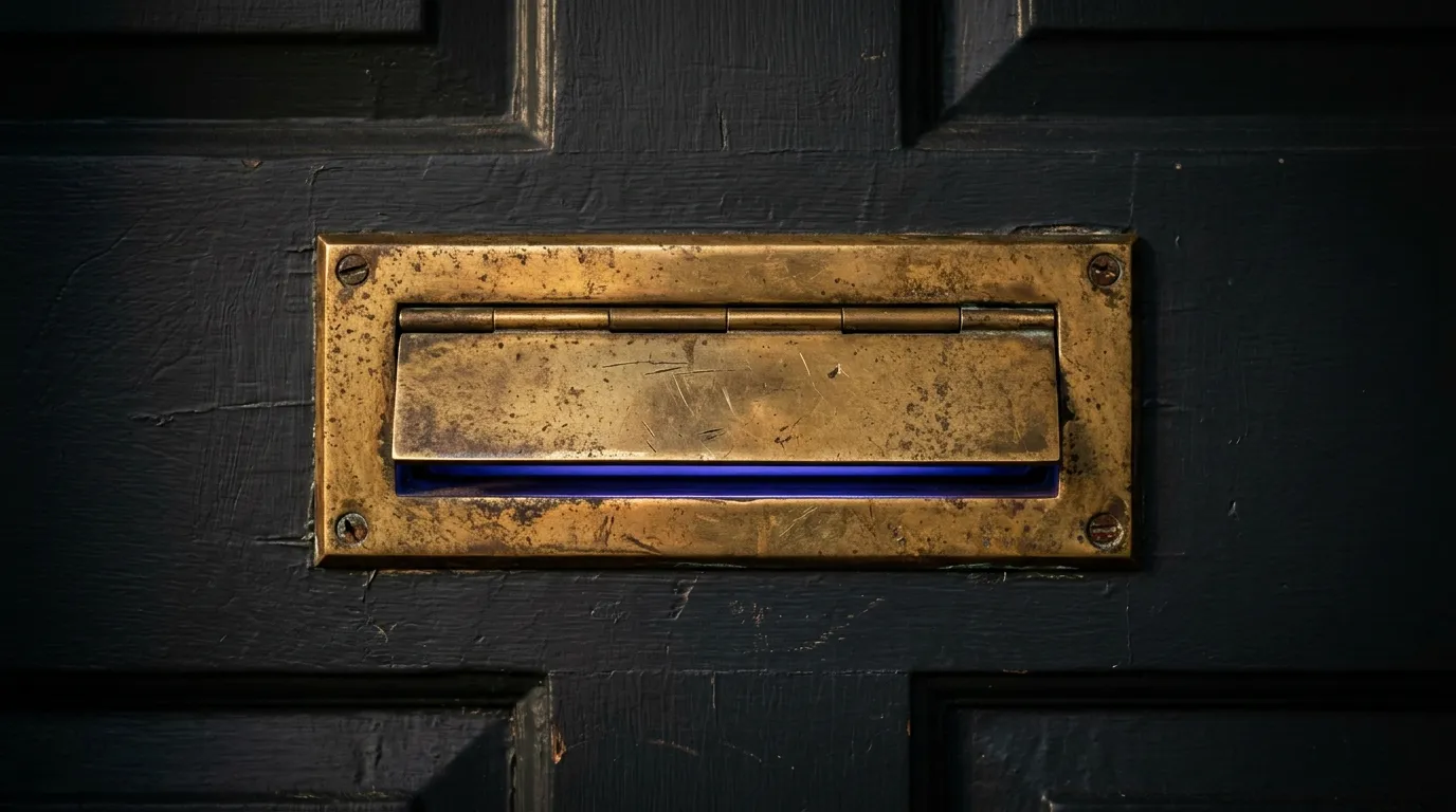 A worn brass letterbox set into a dark painted door, lit warm from one side, with an indigo light glowing from the gap behind the flap.