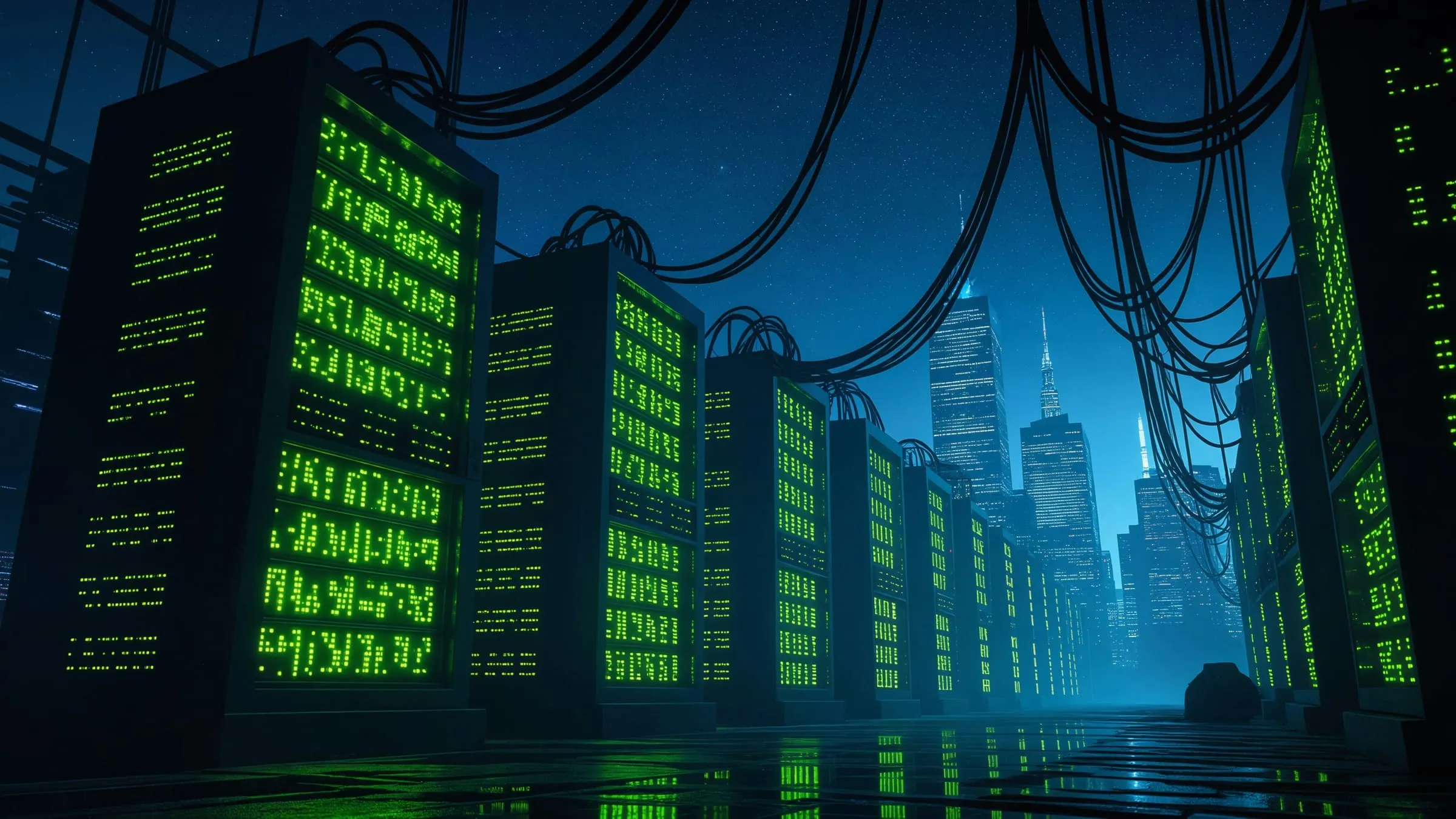 Rows of server racks with glowing green lights stand in the open at night, cables slung between them, and city towers rise at the far end.